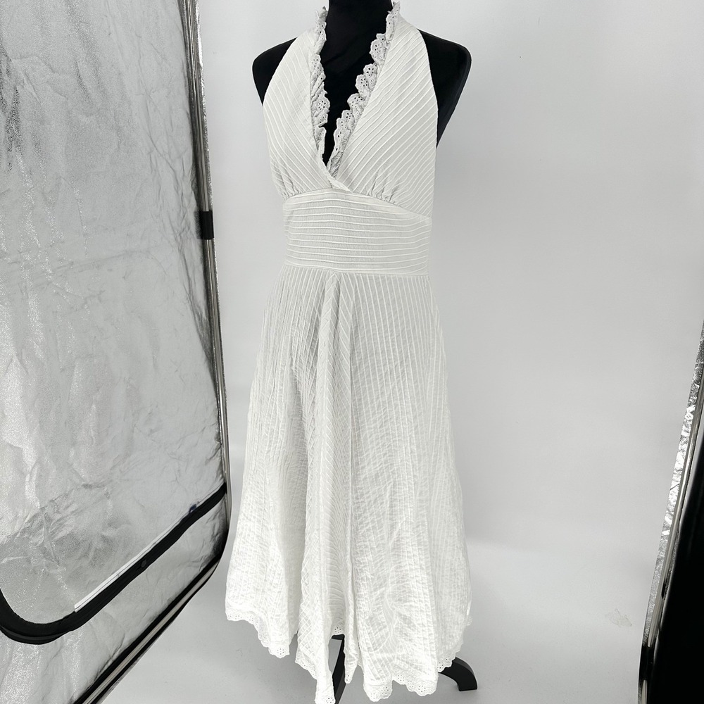 Eliza J White Halter Eyelet Lace Pintuck A Line Maxi Skirt Cotton Dress Women 12 - Picture 4 of 8